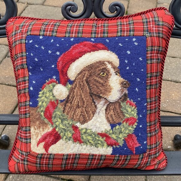 Spaniel Christmas - Needlepoint Plaid Tartan Pillow - Good Dog - Picture 1 of 4
